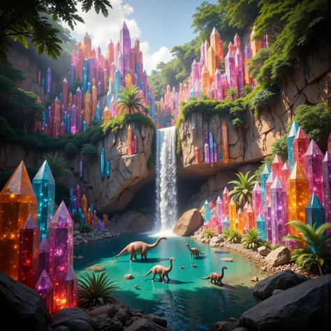 . A cliff that is 300 feet tall made up of gigantic quartz crystal points that are multicolored translucent pillars in a tropical rainforest. In the middle of these skyscraper sized quartz crystals is an incredible gushing cascading waterfall that pours in...