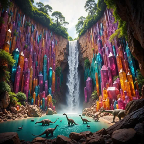 . A cliff that is 300 feet tall made up of gigantic quartz crystal points that are multicolored translucent pillars in a tropical rainforest. In the middle of these skyscraper sized quartz crystals is an incredible gushing cascading waterfall that pours in...
