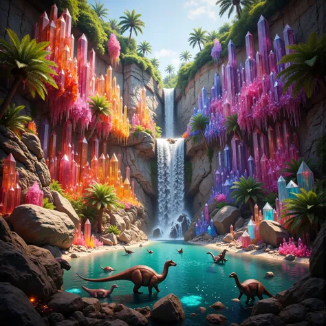 . A cliff that is 300 feet tall made up of gigantic quartz crystal points that are multicolored translucent pillars in a tropical rainforest. In the middle of these skyscraper sized quartz crystals is an incredible gushing cascading waterfall that pours in...