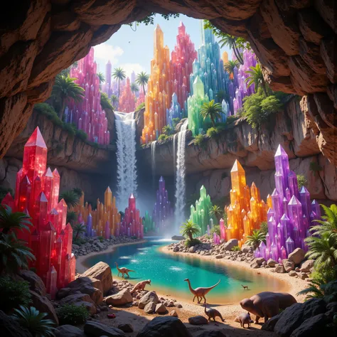 . A cliff that is 300 feet tall made up of gigantic quartz crystal points that are multicolored translucent pillars in a tropical rainforest. In the middle of these skyscraper sized quartz crystals is an incredible gushing cascading waterfall that pours in...