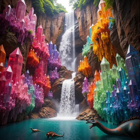 . A cliff that is 300 feet tall made up of gigantic quartz crystal points that are multicolored translucent pillars in a tropical rainforest. In the middle of these skyscraper sized quartz crystals is an incredible gushing cascading waterfall that pours in...