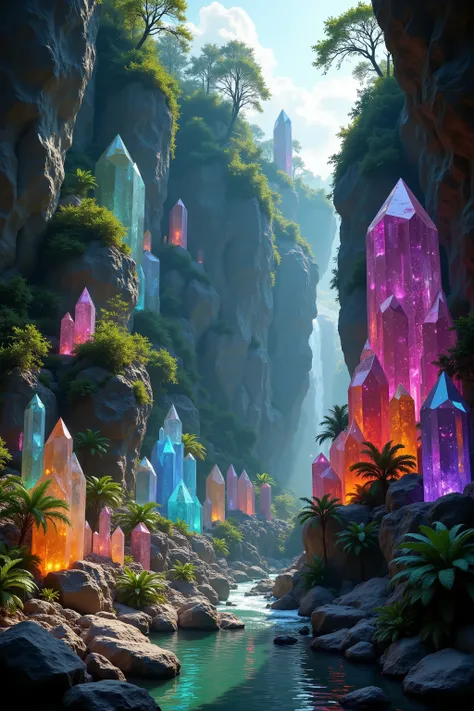 a 300 feet tall cliff made up of gigantic multicolored quartz crystal points, breathtaking landscape, dramatic lighting, cinematic, ultrarealistic, 8K, photorealistic, highly detailed, masterpiece, professional photography, studio lighting, dinosaurs of al...