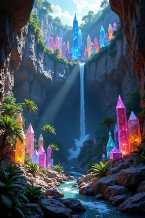 a 300 feet tall cliff made up of gigantic multicolored quartz crystal points, breathtaking landscape, dramatic lighting, cinematic, ultrarealistic, 8K, photorealistic, highly detailed, masterpiece, professional photography, studio lighting, dinosaurs of al...