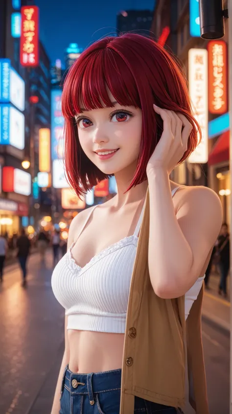 Kana Arima from Oshi no Ko, ultra-realistic, cinematic portrait at night in a vibrant city street. She is wearing a silky white spaghetti strap top and form-fitting denim jeans, revealing her toned midriff. Her red bob-cut hair is slightly tousled, and she...