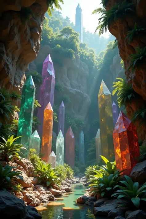 a 300 feet tall cliff made up of gigantic multicolored quartz crystal points, breathtaking landscape, dramatic lighting, cinematic, ultrarealistic, 8K, photorealistic, highly detailed, masterpiece, professional photography, studio lighting, dinosaurs of al...