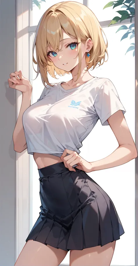 blonde slender slim beauty、white Y shirt、black tight skirt、governess