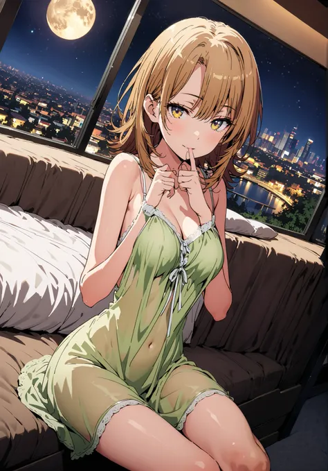Irohaisshiki, Isshiki Iroha , short hair, black cock, brown eyes,narrow your eyes,Medium breast,seductive smile,cover,close your mouth,Yellow see-through nightgown, sleeveless,yellow string panties, Bare legs,bed,Interior,moon,mysterious, beautiful night v...