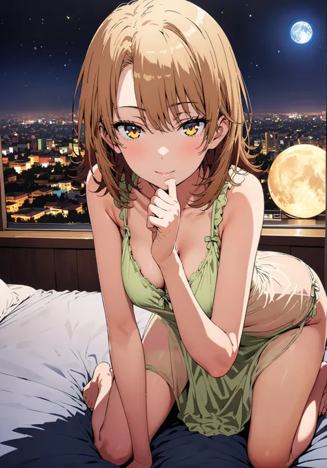 Irohaisshiki, Isshiki Iroha , short hair, black cock, brown eyes,narrow your eyes,Medium breast,seductive smile,cover,close your mouth,Yellow see-through nightgown, sleeveless,yellow string panties, Bare legs,bed,Interior,moon,mysterious, beautiful night v...