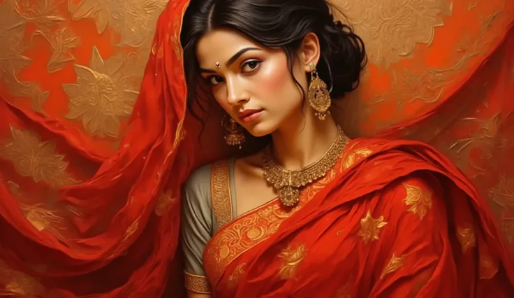 An oil painting inspired by classical Indian art, depicting a woman wearing a red Bandhani saree, the gold-embroidered patterns beautifully detailed on the fabric. Her expression is poised and regal, with a slight tilt of the head. The warm light highlight...