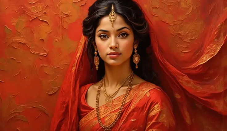 An oil painting inspired by classical Indian art, depicting a woman wearing a red Bandhani saree, the gold-embroidered patterns beautifully detailed on the fabric. Her expression is poised and regal, with a slight tilt of the head. The warm light highlight...