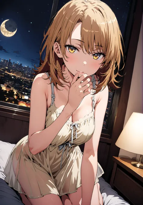 Irohaisshiki, Isshiki Iroha , short hair, black cock, brown eyes,narrow your eyes,Medium breast,seductive smile,cover,close your mouth,Yellow see-through nightgown, sleeveless,yellow string panties, Bare legs,bed,Interior,moon,mysterious, beautiful night v...