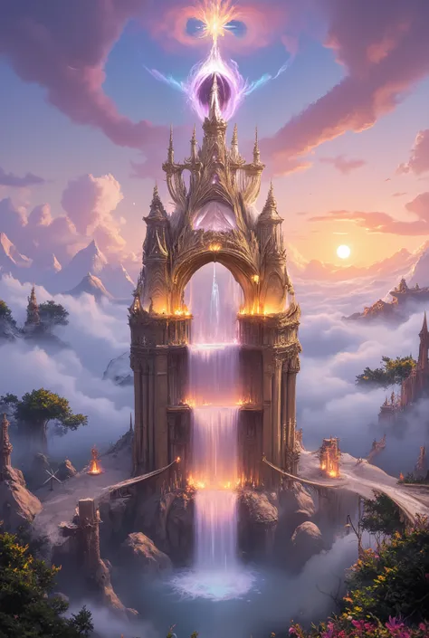majestic floating island in the clouds, breathtaking mythical scenery, towering golden palaces, ethereal mist swirling, divine celestial architecture, radiant glowing waterfalls cascading into the sky, ancient sacred temples, luminous floating bridges, gra...