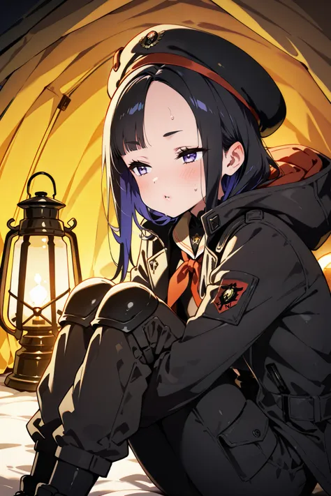 {Highest quality}, {so beautiful}, {Very detailed,beautiful face:1.4}, {Best illustrations},Alone,Eunhwa_nod,std_outfit,skinny,jacket、beret、cargo pants with open crotches,A beautiful woman with a sharp edge、（cover、half closed eyes,Small, glossy lips,excite...