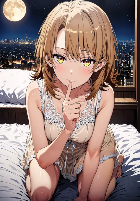 Irohaisshiki, Isshiki Iroha , short hair, black cock, brown eyes,narrow your eyes,Medium breast,seductive smile,cover,close your mouth,Yellow see-through nightgown, sleeveless,yellow string panties, Bare legs,bed,Interior,moon,mysterious, beautiful night v...