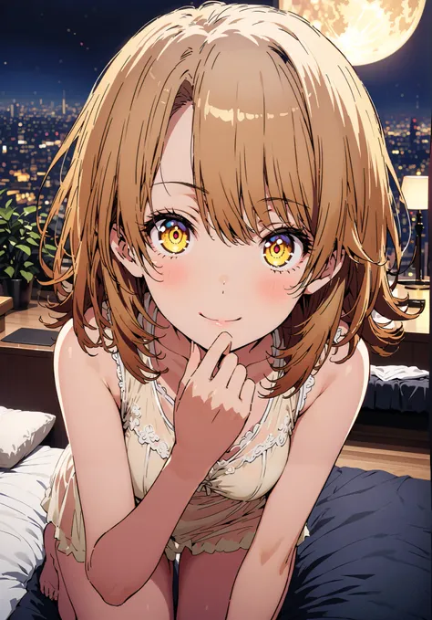 Irohaisshiki, Isshiki Iroha , short hair, black cock, brown eyes,narrow your eyes,Medium breast,seductive smile,cover,close your mouth,Yellow see-through nightgown, sleeveless,yellow string panties, Bare legs,bed,Interior,moon,mysterious, beautiful night v...