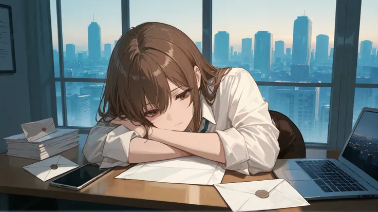 A modern office bathed in soft afternoon light. Emma stands near a large window, her phone in one hand, her deep brown eyes focused on the city skyline beyond. Her chestnut brown hair falls neatly over her shoulders, her posture poised yet contemplative. B...