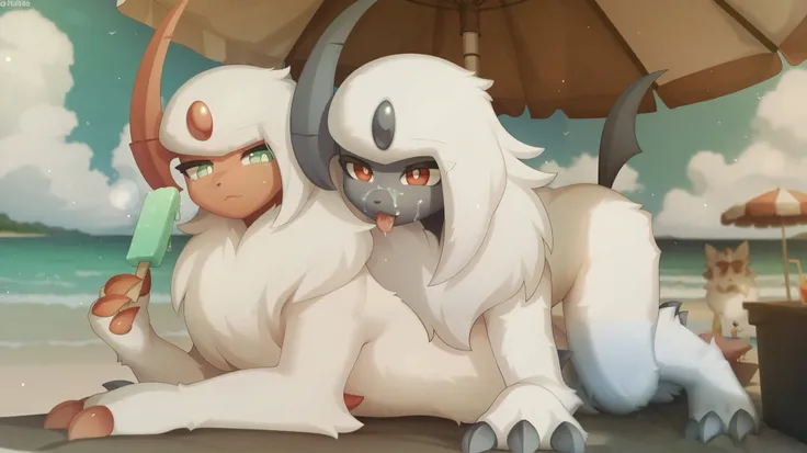 (high quality, High resolution, Masterpiece), couple, Absol shiny(| White body hair, light green eyes, light red facial skin, light red claws, white pupils, Light red horns, through the white, a lot of hair on her chest|), Absol(| White body hair, red e...