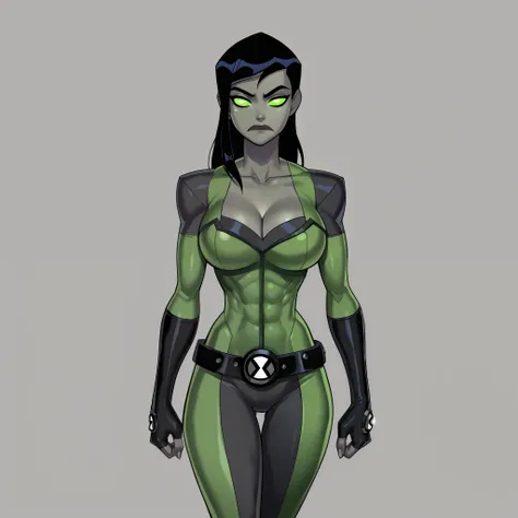 safe_pos, solo, 1girl, long hair, black hair, grey skin, no pupils, green eyes, green sclera, glowing eyes, bodysuit, black and green suit, black pants, varmbraces, black varmbraces, armelt, fingerless gloves, belt, toned, cleavage, grail (dc), looking at...