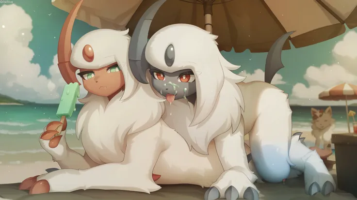 (high quality, High resolution, Masterpiece), couple, Absol shiny(| White body hair, light green eyes, light red facial skin, light red claws, white pupils, Light red horns, through the white, a lot of hair on her chest|), Absol(| White body hair, red e...