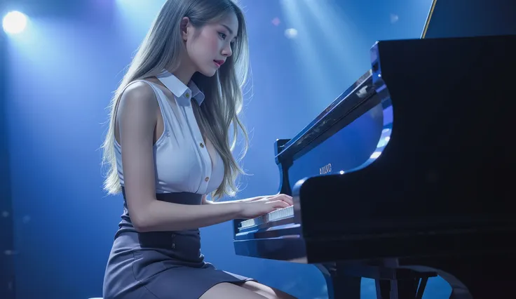 "A beautiful Japanese i-dol girl concentrates on the piano playing the black grand piano on a brightly lit stage. She wears a slightly open button-down blouse and an elegant short skirt, with long silver hair and violet eyes, large and perfect breasts, Her...