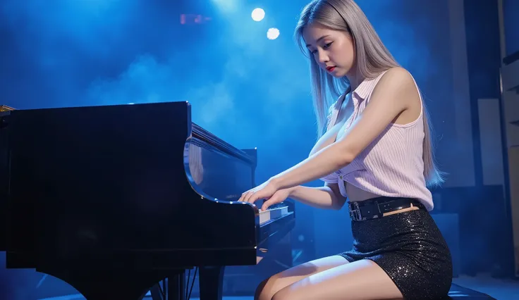"A beautiful Japanese i-dol girl concentrates on the piano playing the black grand piano on a brightly lit stage. She wears a slightly open button-down blouse and an elegant short skirt, with long silver hair and violet eyes, large and perfect breasts, Her...