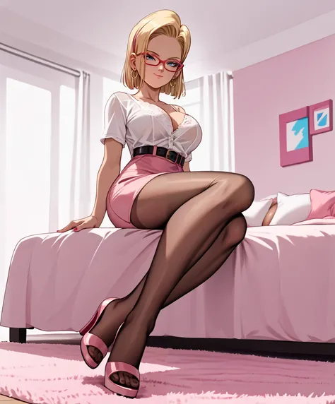 best quality, highres, 1girl, android 18, solo, blonde hair, blue eyes, short hair, earrings, large breasts, from below, seductive smile, sexually dominant woman, cross legs, tan brown pantyhose, sitting, sexy satin lingerie, pink bed room, pink carpet, li...