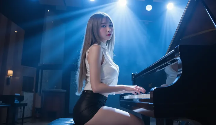 "A beautiful Japanese i-dol girl concentrates on the piano playing the black grand piano on a brightly lit stage. She wears a slightly open button-down blouse and an elegant short skirt, with long silver hair and violet eyes, large and perfect breasts, Her...