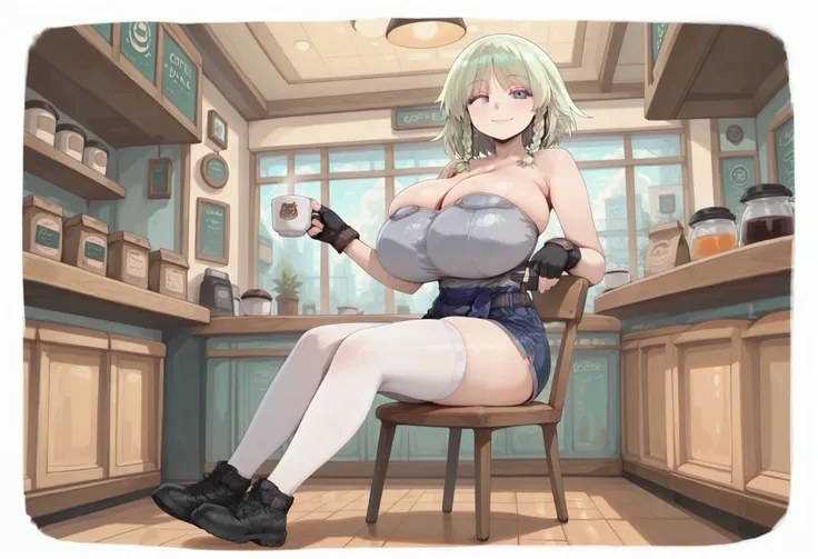 masterpiece, best quality, very aesthetic, absurdres, safe, masterpiece, best quality, absurdres, 1girl, solo, lancelotdulac, fingerless gloves, twin braids, smile, braid, , indoors, sitting on a chair, coffee shop, holding cup of coffee, short hair, stock...