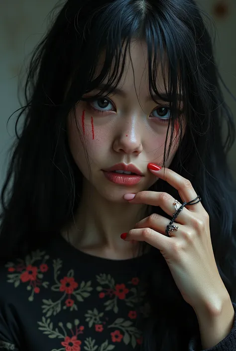 Closeup portrait of a girl with long black hair, standing alone in a dark room, painted nails, piercing black eyes, intricate details in her hair and clothing, Awe inspiring , surreal structured mix media art,, art by Luzia Caldari, Carne Griffiths and Van...