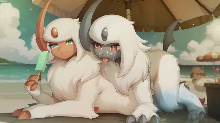 (high quality, High resolution, Masterpiece), couple, Absol shiny(| White body hair, light green eyes, light red facial skin, light red claws, white pupils, Light red horns, through the white, a lot of hair on her chest|), Absol(| White body hair, red e...
