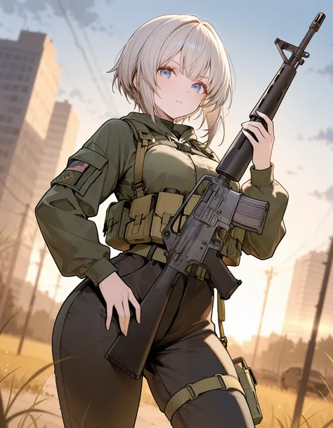 masterpiece, absurdres, highres, newest, 1girl, c-m16, holding m16, looking at viewer, outdoors, depth of field, dutch angle
