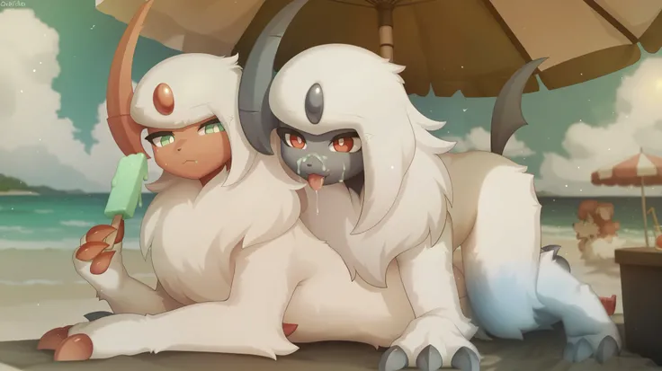 (high quality, High resolution, Masterpiece), couple, Absol shiny(| White body hair, light green eyes, light red facial skin, light red claws, white pupils, Light red horns, through the white, a lot of hair on her chest|), Absol(| White body hair, red e...