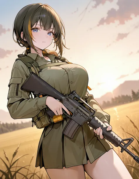 masterpiece, absurdres, highres, newest, 1girl, (c-m16, holding m16, m16a4 rifle), looking at viewer, outdoors, depth of field, dutch angle