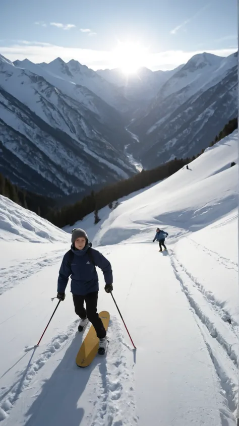 A feline snowboarder hurtles down a steep, snow-covered mountain, kicking up a thick layer of powder on a sharp turn as he grabs his board. His ears perk up with concentration and his wide, determined eyes scan the terrain ahead. The snowboard tilts as the...