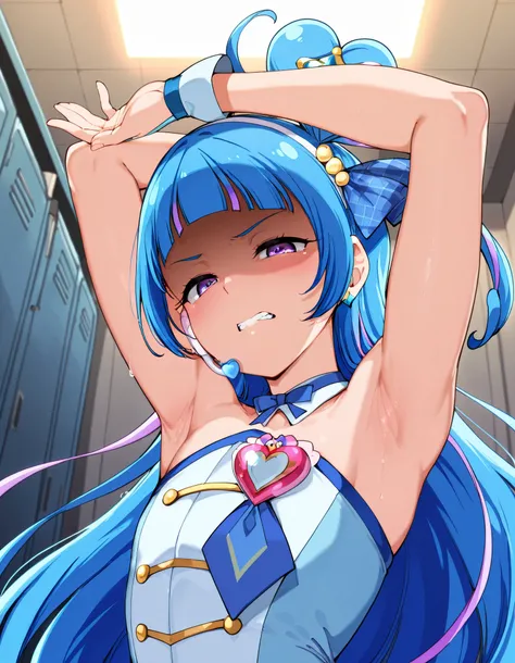 curewink, cure wink, kimi to idol precure, blue hair, magical girl, mini crown, purple eyes, tilted headwear, very long hair, blunt bangs, bare shoulders, hairband, two-tone hair, purple hair, jewelry, idol clothes, idol,heart brooch, headset,
,BREAK, ar...