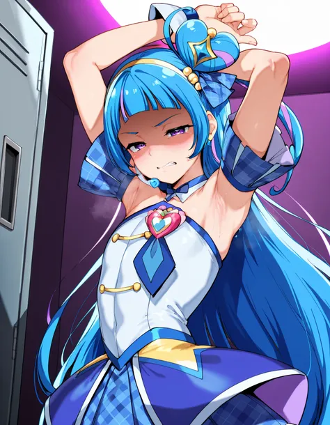 curewink, cure wink, kimi to idol precure, blue hair, magical girl, mini crown, purple eyes, tilted headwear, very long hair, blunt bangs, bare shoulders, hairband, two-tone hair, purple hair, jewelry, idol clothes, idol,heart brooch, headset,
,BREAK, ar...