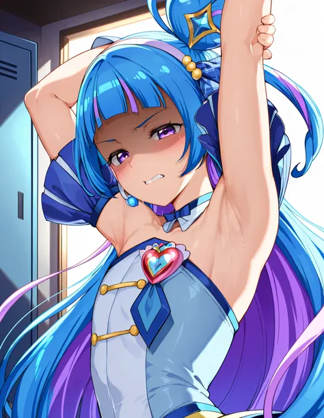 curewink, cure wink, kimi to idol precure, blue hair, magical girl, mini crown, purple eyes, tilted headwear, very long hair, blunt bangs, bare shoulders, hairband, two-tone hair, purple hair, jewelry, idol clothes, idol,heart brooch, headset,
,BREAK, ar...