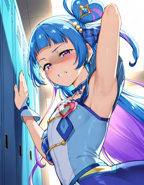 curewink, cure wink, kimi to idol precure, blue hair, magical girl, mini crown, purple eyes, tilted headwear, very long hair, blunt bangs, bare shoulders, hairband, two-tone hair, purple hair, jewelry, idol clothes, idol,heart brooch, headset,
,BREAK, ar...