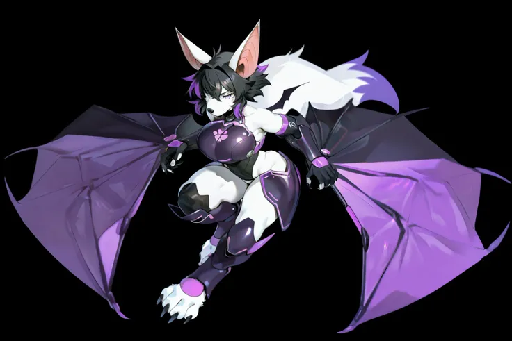 masterpiece, best quality, anime shading, full body picture, athletic body type, centered, three quarter view, 1girl, ((single view)), ((alone)), anthro, furry, fox female, ((white fox)), ((bat ears:1.5)), purple eyes, white fur, white skin, ((shoulder len...