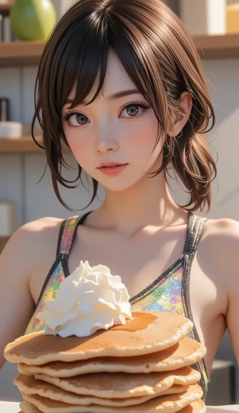 (best quality, 8k, masterpiece:1.3), (),chest,(beautiful face:1.3),standing,kitchen,(making pancakes), (Pancakes piled up in many layers, ice cream on top of the pancakes, ice cream on top of breasts), ( shinny skin:1.2),( Beautiful slim woman in her 20s),...