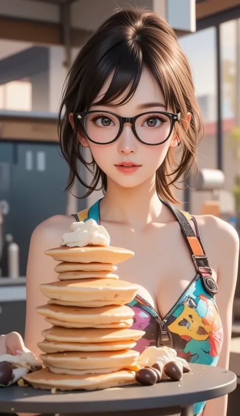 (best quality, 8k, masterpiece:1.3), (),chest,(beautiful face:1.3),standing,kitchen,(making pancakes), (Pancakes piled up in many layers, ice cream on top of the pancakes, ice cream on top of breasts), ( shinny skin:1.2),( Beautiful slim woman in her 20s),...