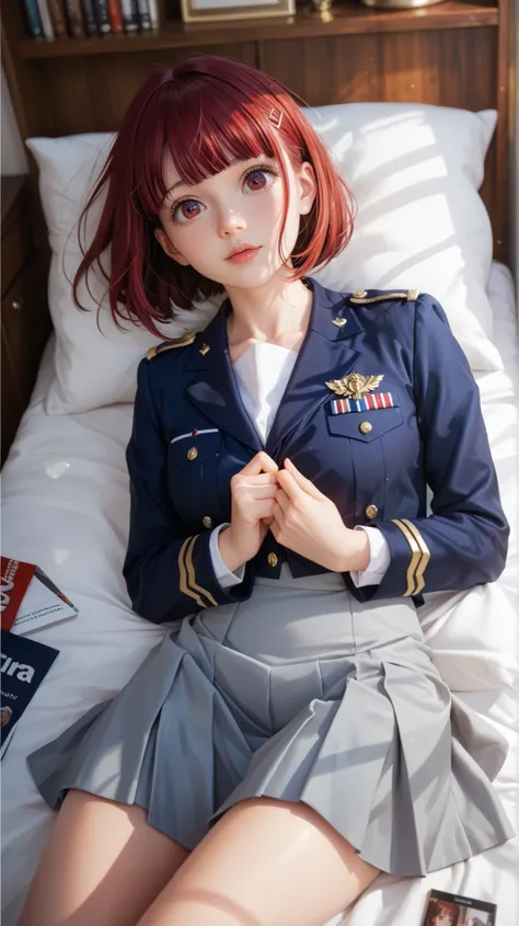 A cinematic overhead view of Kana Arima, reclining in her bed, looking up with her playful red eyes twinkling in the soft bedroom lighting. Her short red hair fanned out slightly over the pillows, and her navy blue uniform with a pink bow and gold-trimmed ...