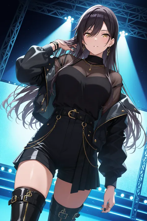 Shirase Sakuya, black hair, long hair, yellow eyes, hair between eyes, 1 tall girl, solo, jewelry, thighhighs, looking at viewer, black nails, breasts, shorts, thigh boots, earrings, boots, ring, see-through, dutch angle, shirt, nail polish, skirt, hand in...