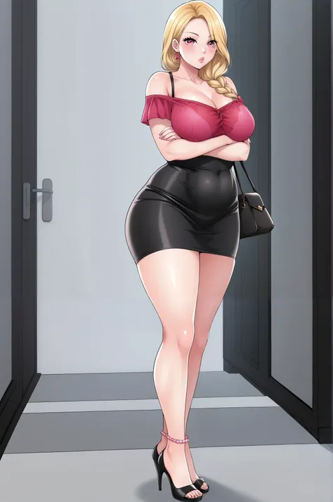 An extremely beautiful woman with blonde hair styled maturely. She has extremely fair white natural skin, big pink eyes, big plump candy-red glossy lips, medium breasts, and a perfectly voluptuous sexy tempting body. She's only wearing a red off-shoulder t...