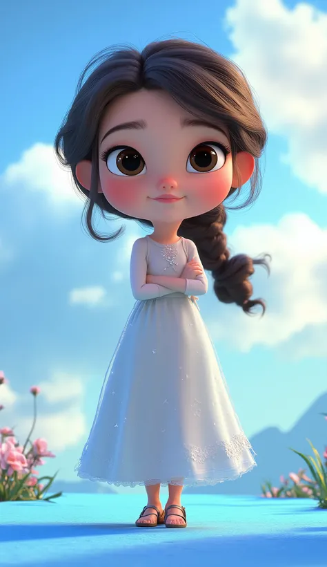 close up face and half body of A pretty young girl standing on Soft Aesthetic matte pastel blue, front view focus, with a delicate cloudy sky background