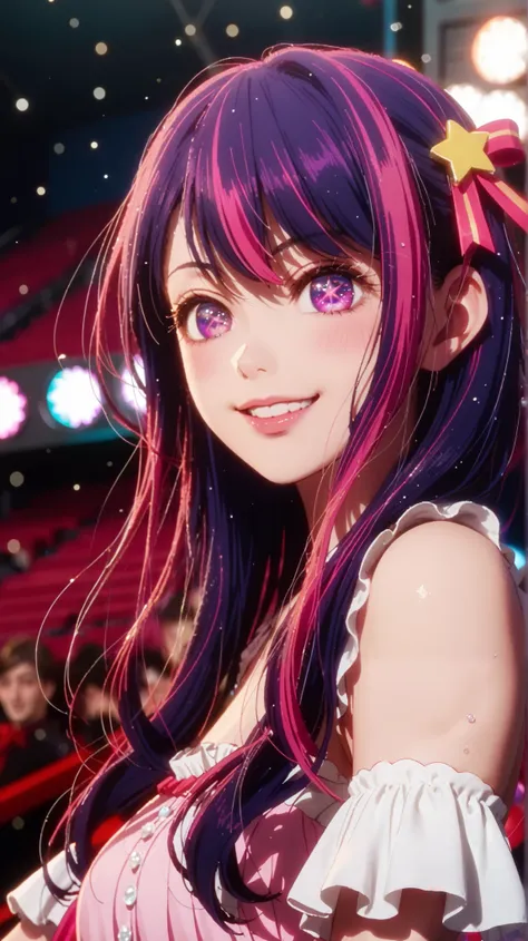 A hyper-realistic cinematic shot of Ai Hoshino, capturing her ethereal beauty and idol-like presence. She has long, silky pastel-pink hair with soft waves, cascading over her shoulders, and vivid, starry magenta eyes that radiate charm and mystery. Her del...