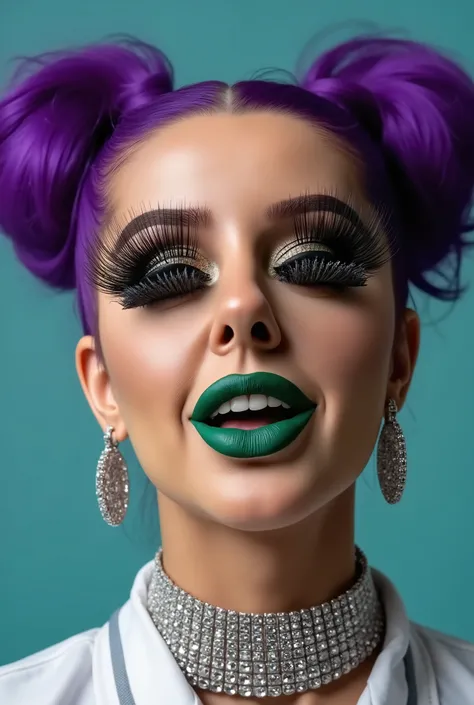 incredibly long and voluminous eyelash extensions, Bright black makeup makeup, diamond earrings , green lips, ,  purple hair, She laughs,  in a nurse's suit, silver choker on the neckDouble tails, 
