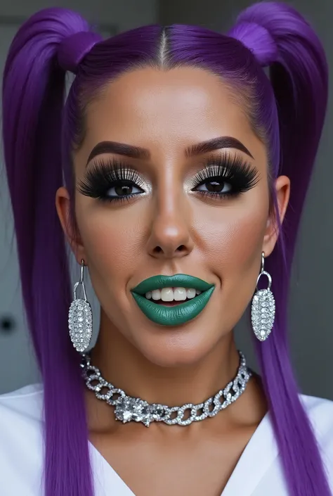 incredibly long and voluminous eyelash extensions, Bright black makeup makeup, diamond earrings , green lips, , purple hair, She laughs, in a nurse's suit, silver choker on the neckDouble tails,