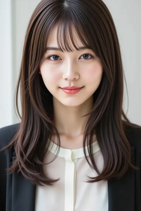 masterpiece, with the face positioned accurately in the center of the image,  fine, clean skin、white blouse and black jacket,document background、long black hair, Bangs, smile, 8k, Tight chest