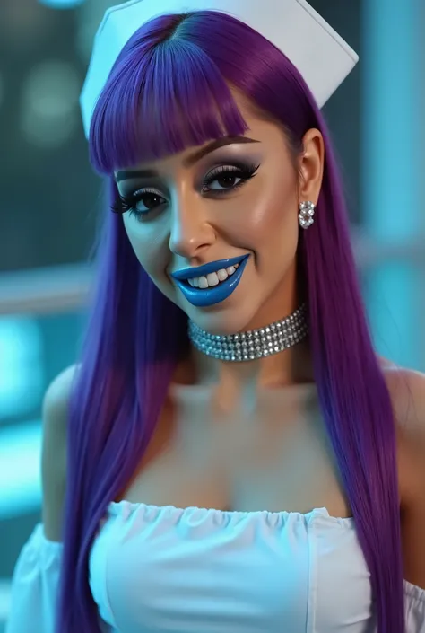incredibly long and voluminous eyelash extensions, Bright black makeup makeup, diamond earrings , blue lips, Neat bangs, purple hair, She laughs, in a nurse's suit, silver choker on the neck